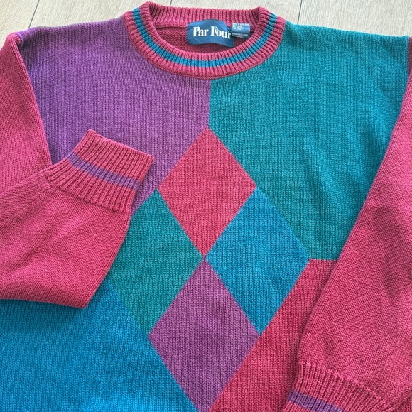 Vintage 90s Burgundy Argyle Color Block Geometric Diamond Pattern Sweater
